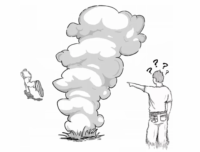 Illustration of a person disappearing in a puff of smoke after falling