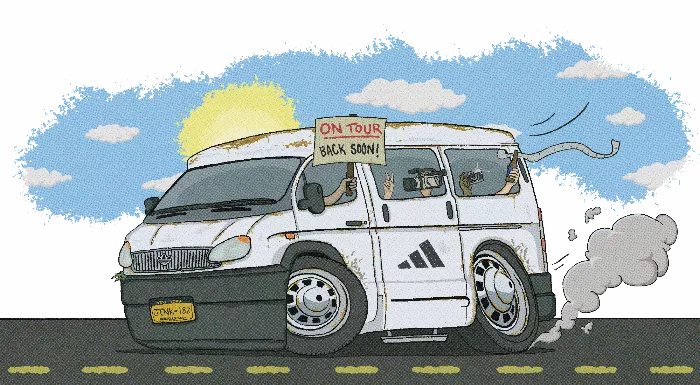 Illustration of a tour bus with the text "SORRY WERE ON TOUR"