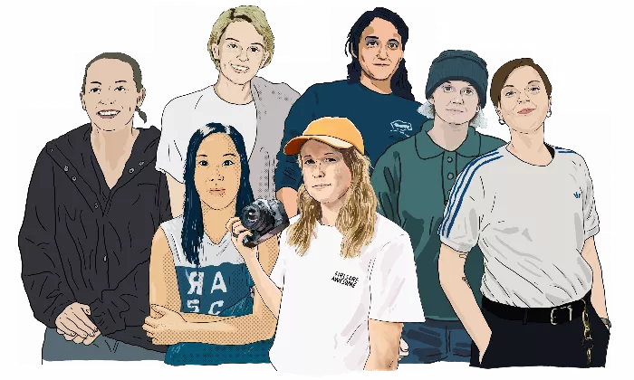 Illustration of women in skateboarding media