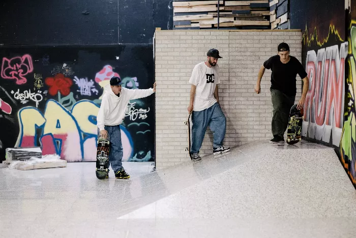 Josh Kalis and his crew skateboarding at the new indoor skatepark