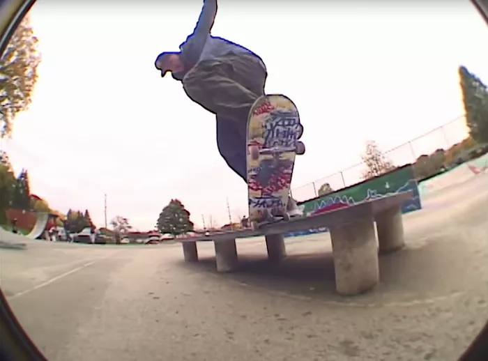 Josh Kalis skating at Clemente Park DIY, captured in a still from the "DIY Josh Kalis" video, highlighting his enduring skill and style