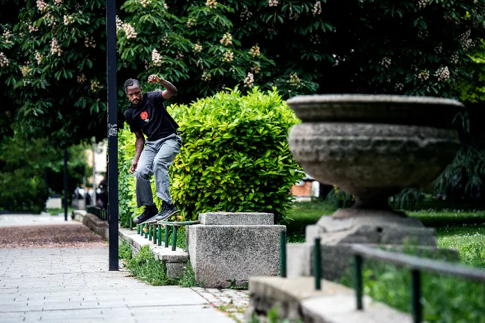 Keith Hardy, captured in motion, skating past aged architecture in Bulgaria