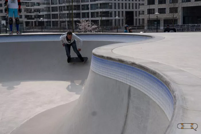 longboarder riding a bowl at a skatepark