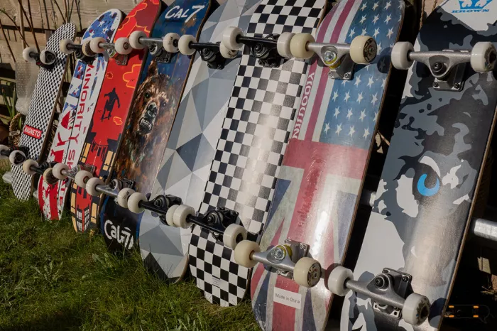 Low-quality kids' skateboards demonstrating the kinds of boards to avoid