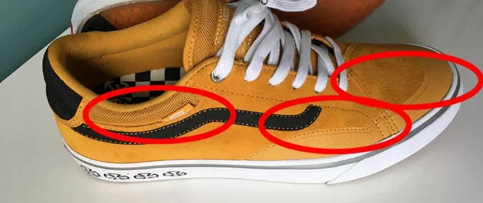 Marked areas on skate shoes that are wear out