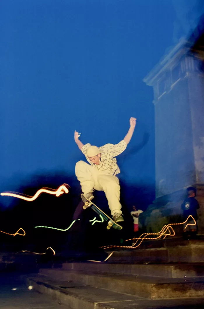 Night shot of Terrence skating in Williamsburg in the 90s