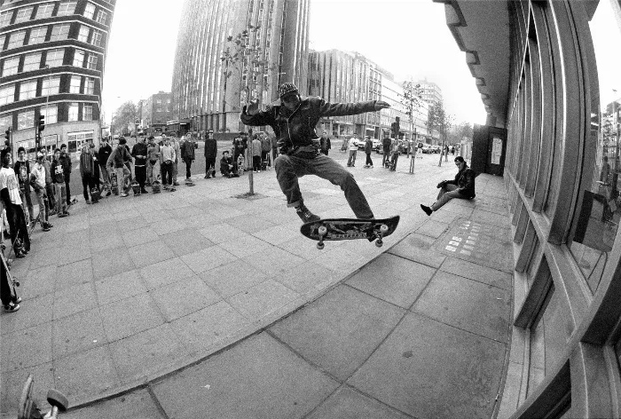 Ray Barbee with Steve Saiz in London to promote Powell Peralta’s *Ban This*. 1989