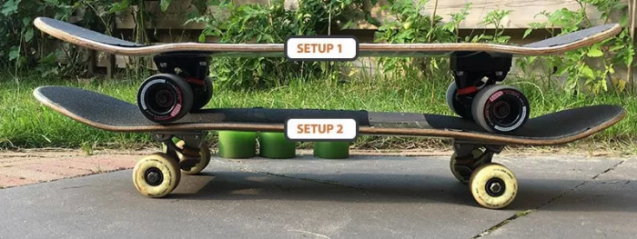 Regular skateboards converted into cruiser setups with larger, softer wheels, highlighting their versatility.