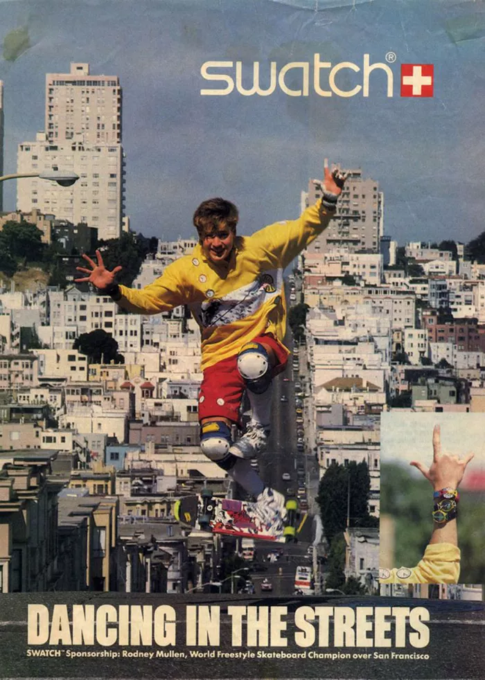 Rodney Mullen's 1987 Swatch ad, illustrating early corporate advertising aimed at skateboarders