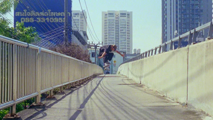 Ronnie Kessner skateboarding in an urban setting