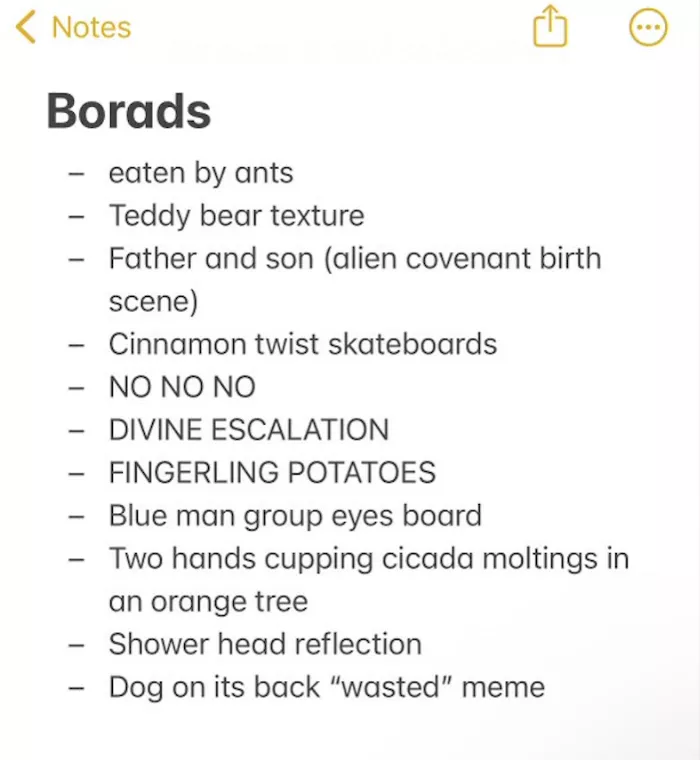 Screenshot of notes app with board ideas