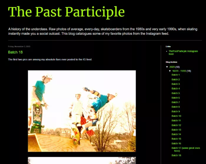 Screenshot of The Past Participle blog featuring a quote about skateboarding's impact on freedom