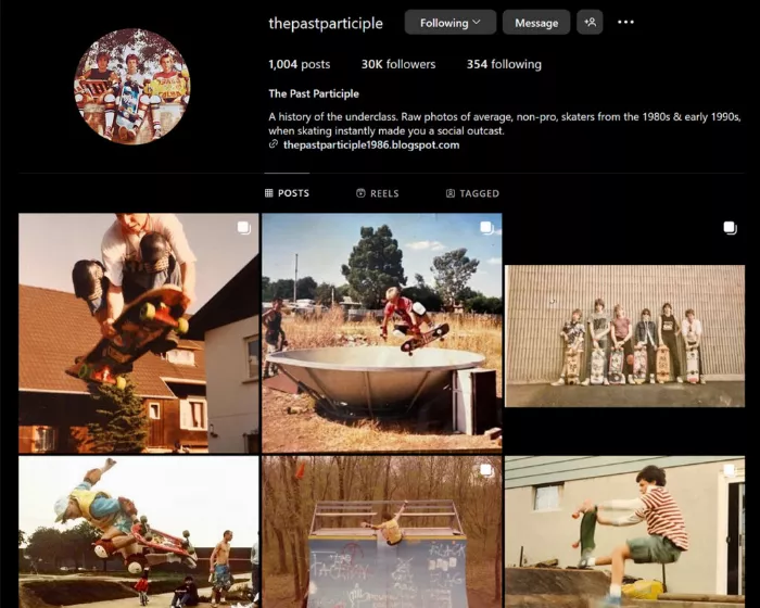 Screenshot of The Past Participle Instagram account showing various old skateboarding photos