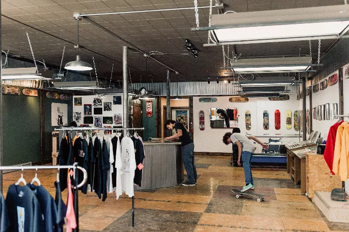 The interior of Creep Skateshop, with skateboards on display