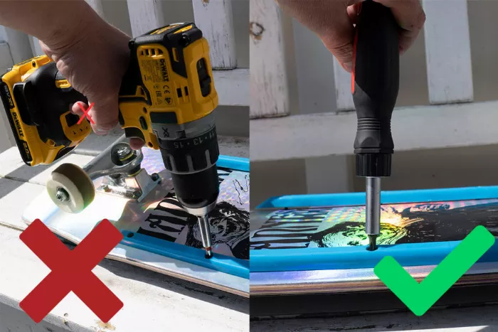 The proper way to attach skateboard deck rails using a manual screwdriver, avoiding over-tightening