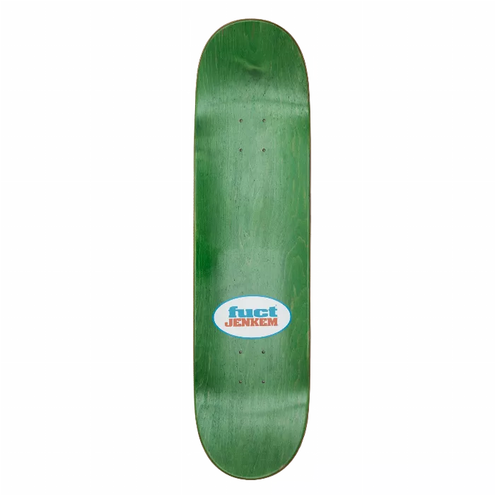 The top view of the Jenkem x FUCT skateboard deck, showing the design and construction.