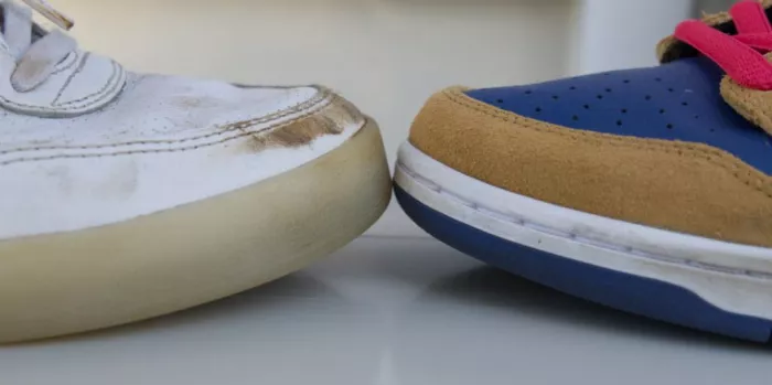 Two cupsole skate shoes, highlighting the stitched seam on the right shoe and a one piece rubber outsole on both