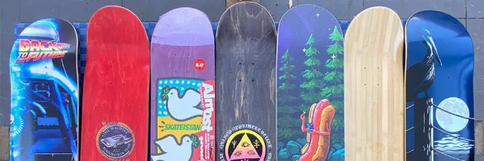 Various skateboard deck shapes and sizes