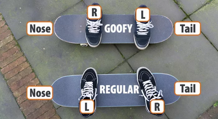 Visual explanation of goofy versus regular stance on a longboard